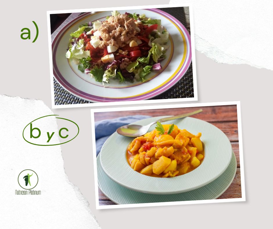 Ensalada de pimientos asados atún y huevo con papas con chocos